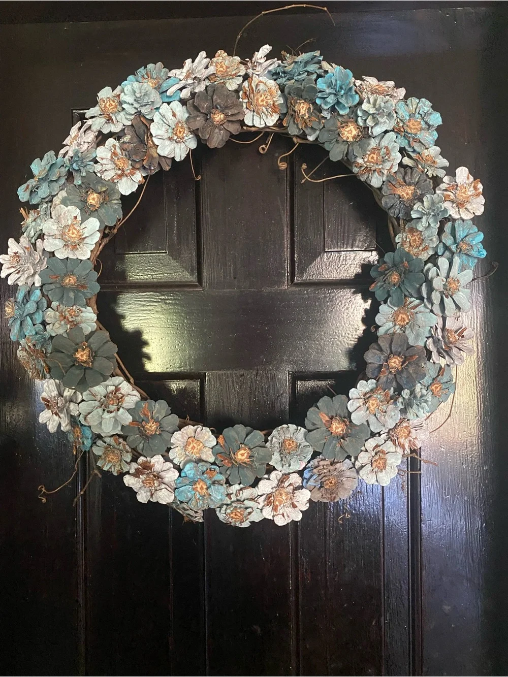 Decorative Teal and White Flower Pinecone Wreath 20”